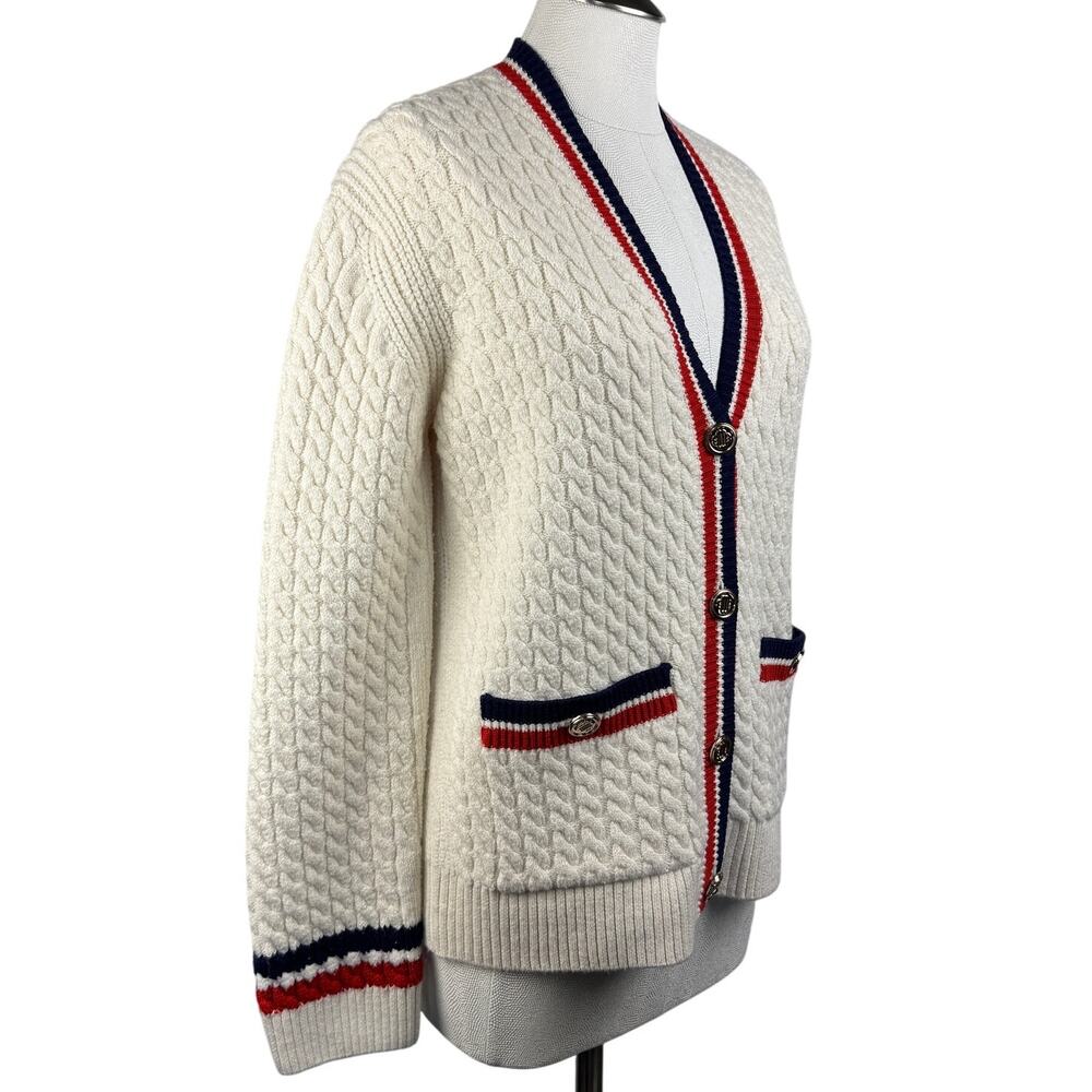 Maje Cream Cable-Knit Cardigan with Red & Navy Trim - Picture 3 of 8